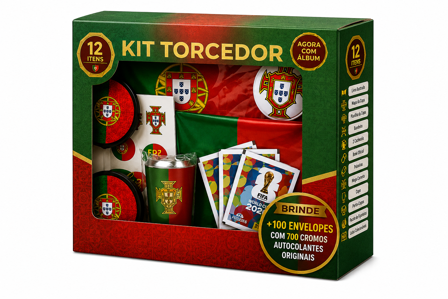 Kit Torcedor Portugal · 12 Itens + 100 Envelopes Mundial 2026